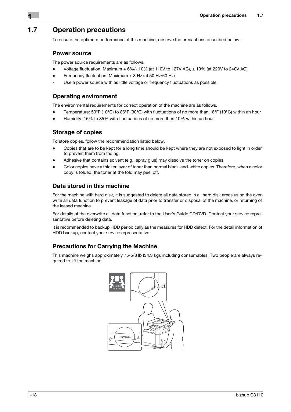 7 operation precautions, Power source, Operating environment | Storage of copies, Data stored in this machine, Precautions for carrying the machine | Konica Minolta bizhub C3110 User Manual | Page 24 / 82