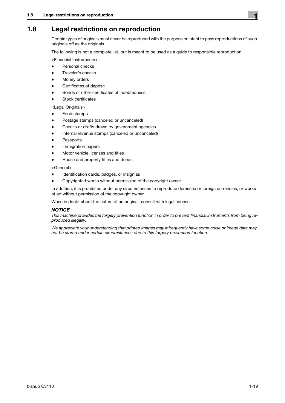 8 legal restrictions on reproduction, Legal restrictions on reproduction -19 | Konica Minolta bizhub C3110 User Manual | Page 25 / 82