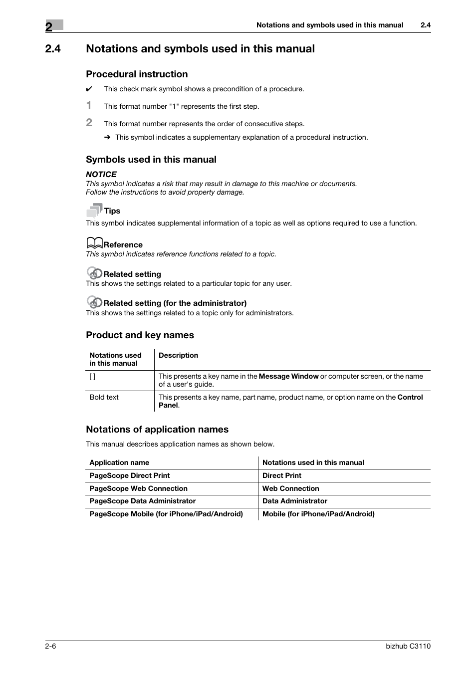 4 notations and symbols used in this manual, Procedural instruction, Symbols used in this manual | Product and key names, Notations of application names | Konica Minolta bizhub C3110 User Manual | Page 32 / 82