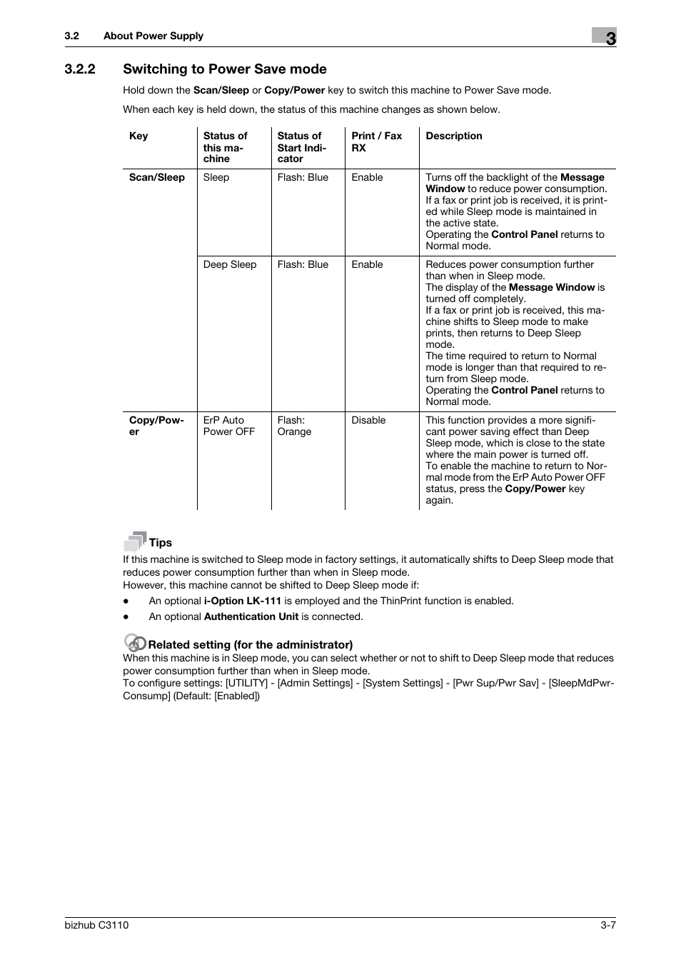 2 switching to power save mode, Switching to power save mode -7 | Konica Minolta bizhub C3110 User Manual | Page 39 / 82