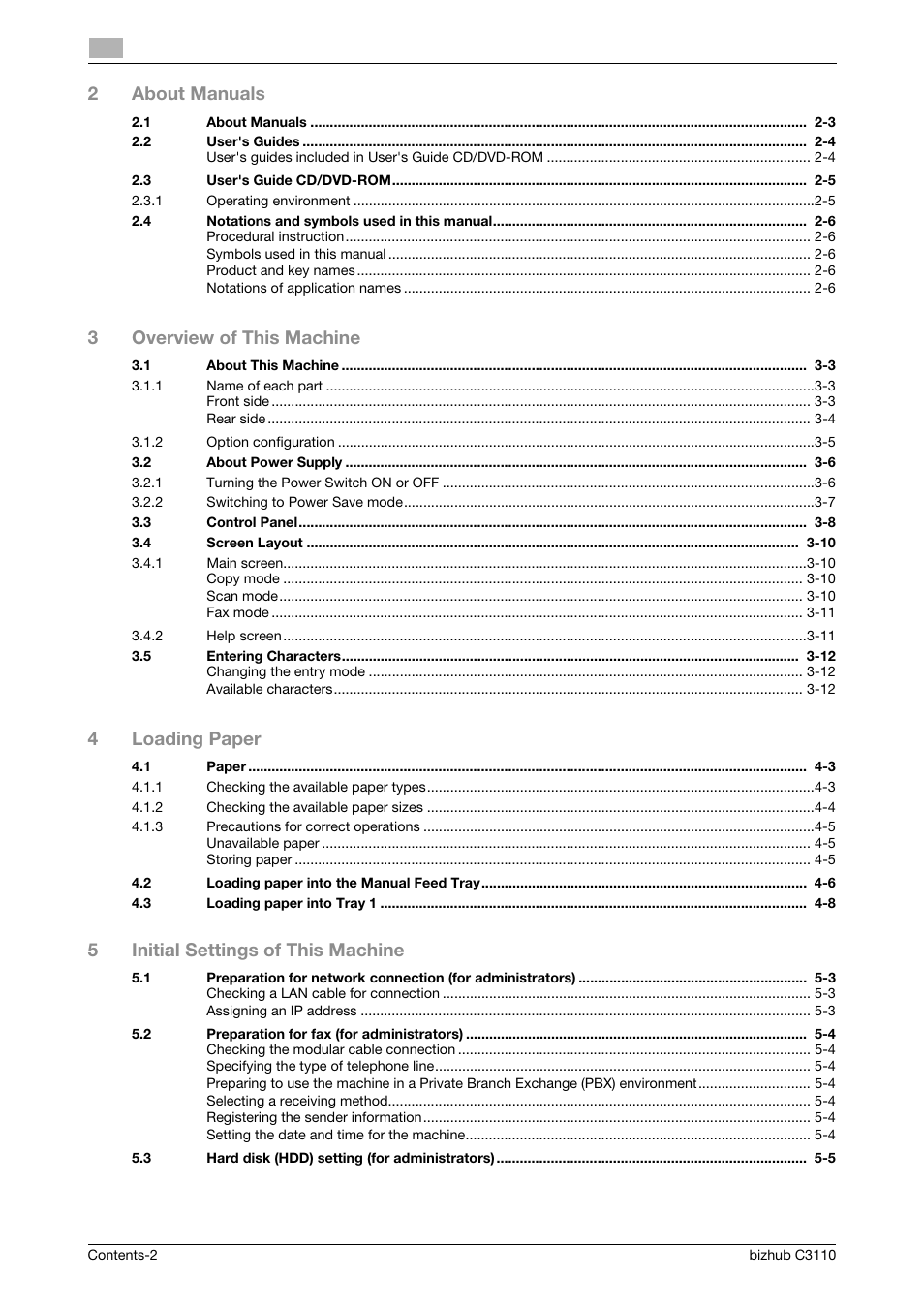 2about manuals, 3overview of this machine, 4loading paper | 5initial settings of this machine | Konica Minolta bizhub C3110 User Manual | Page 4 / 82