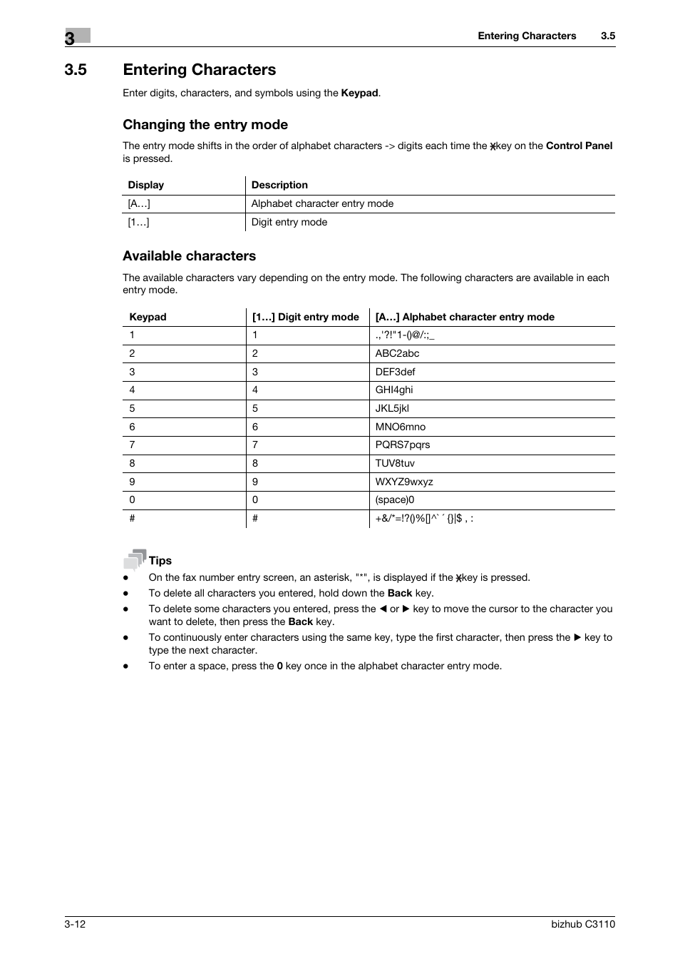 5 entering characters, Changing the entry mode, Available characters | Konica Minolta bizhub C3110 User Manual | Page 44 / 82