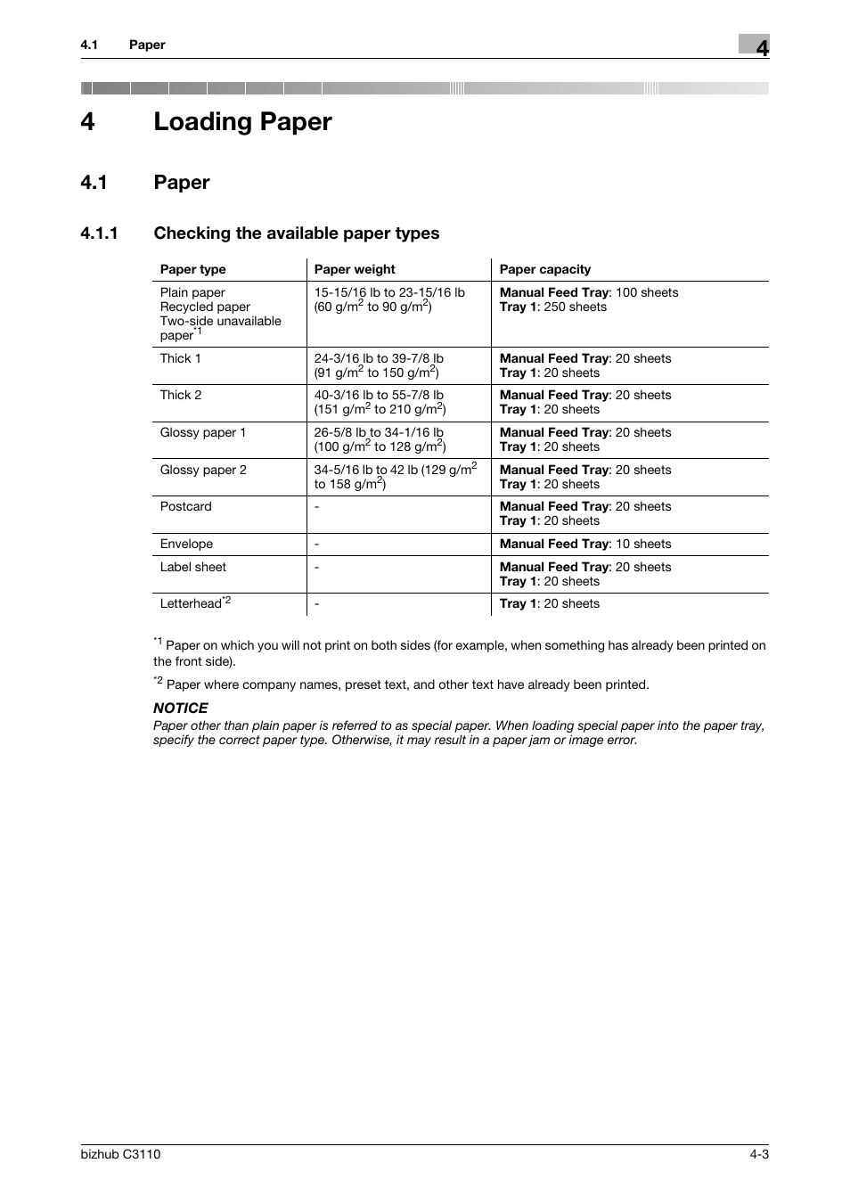 4 loading paper, 1 paper, 1 checking the available paper types | Loading paper, Paper -3, Checking the available paper types -3, 4loading paper | Konica Minolta bizhub C3110 User Manual | Page 47 / 82