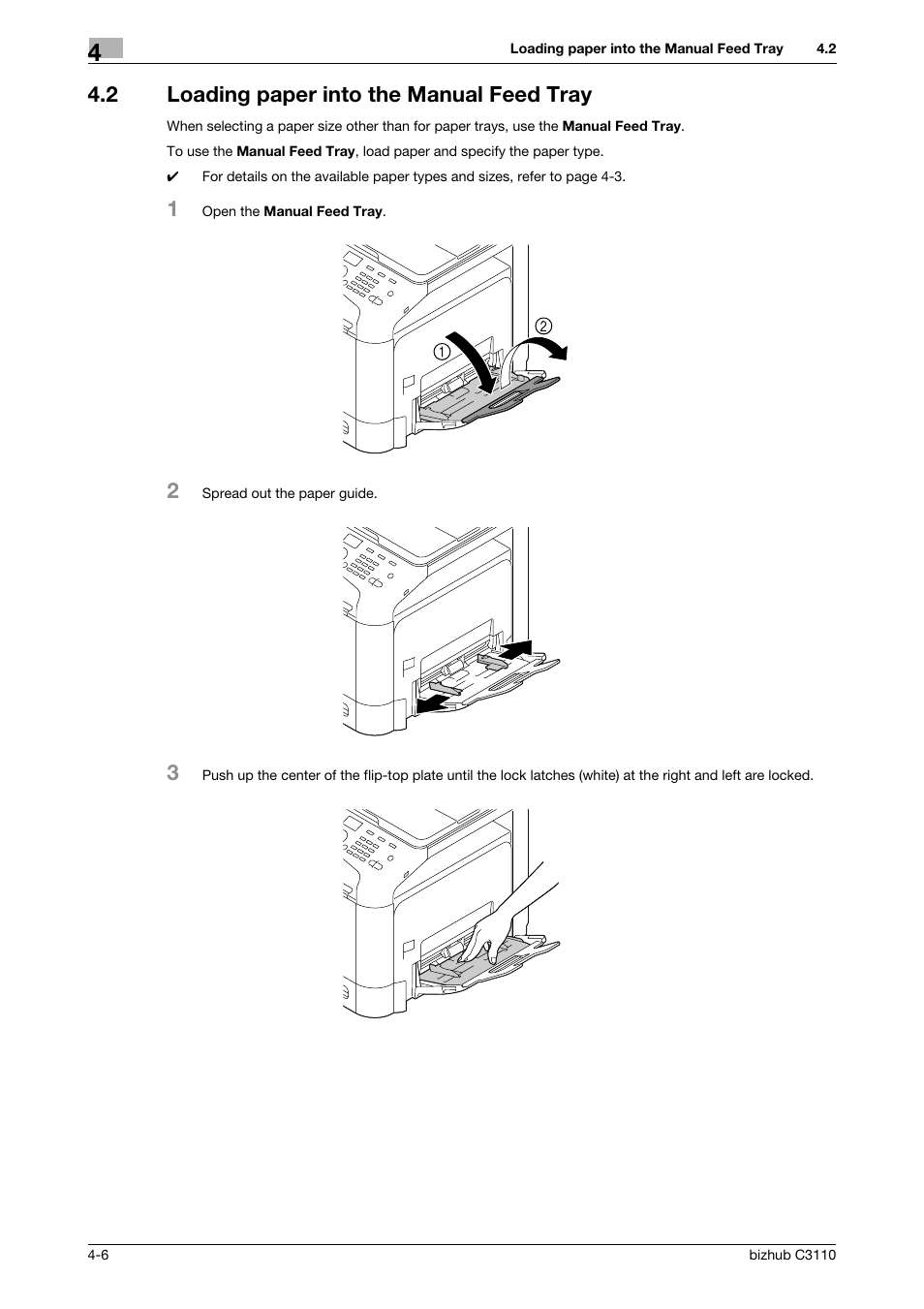 2 loading paper into the manual feed tray, Loading paper into the manual feed tray -6 | Konica Minolta bizhub C3110 User Manual | Page 50 / 82