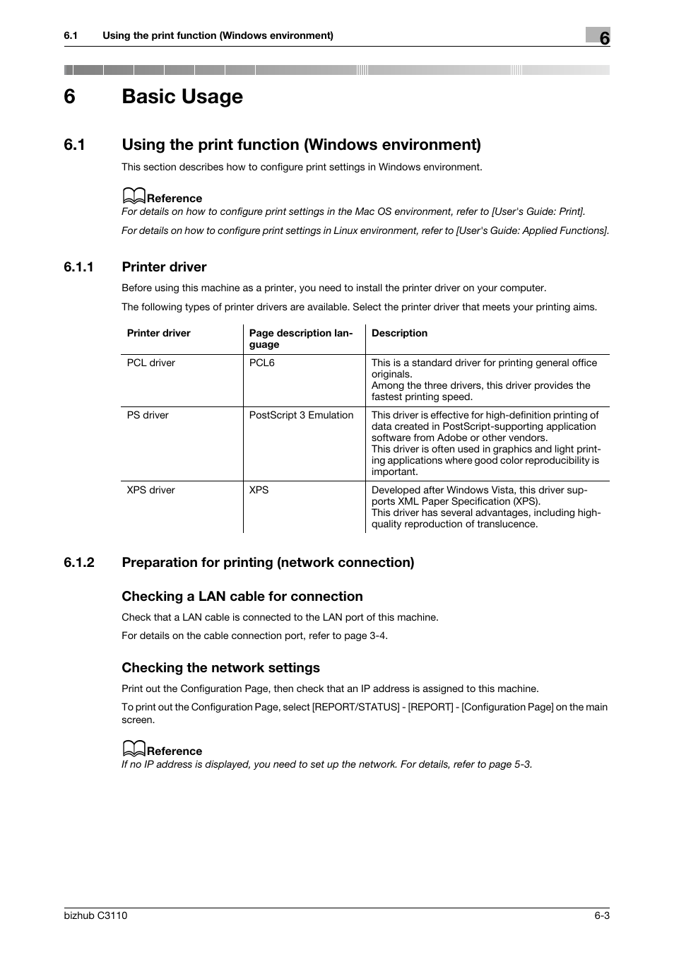 6 basic usage, 1 using the print function (windows environment), 1 printer driver | 2 preparation for printing (network connection), Checking a lan cable for connection, Checking the network settings, Basic usage, Using the print function (windows environment) -3, Printer driver -3, 6basic usage | Konica Minolta bizhub C3110 User Manual | Page 63 / 82