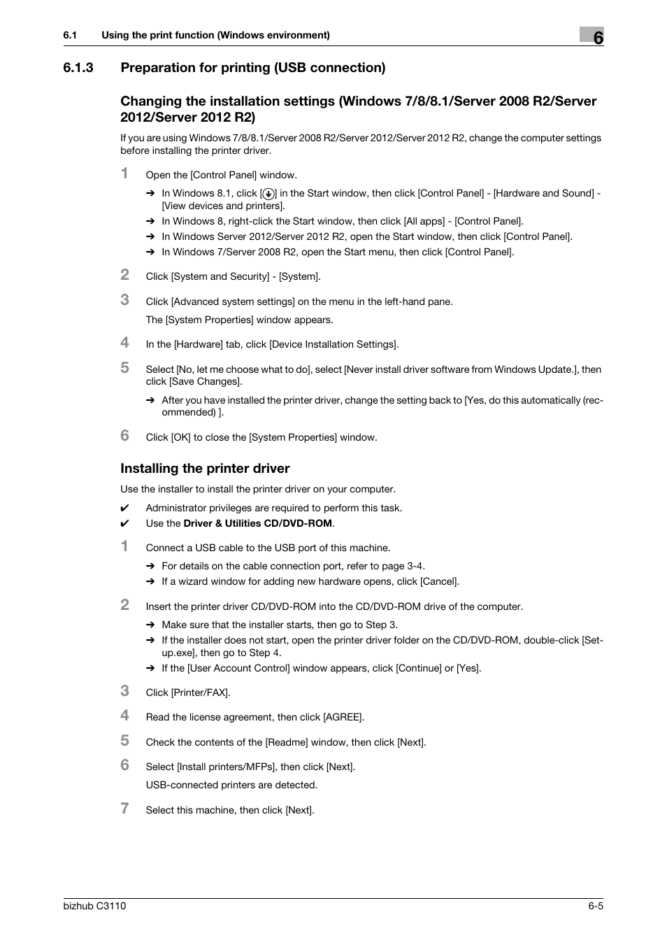 3 preparation for printing (usb connection), Installing the printer driver | Konica Minolta bizhub C3110 User Manual | Page 65 / 82