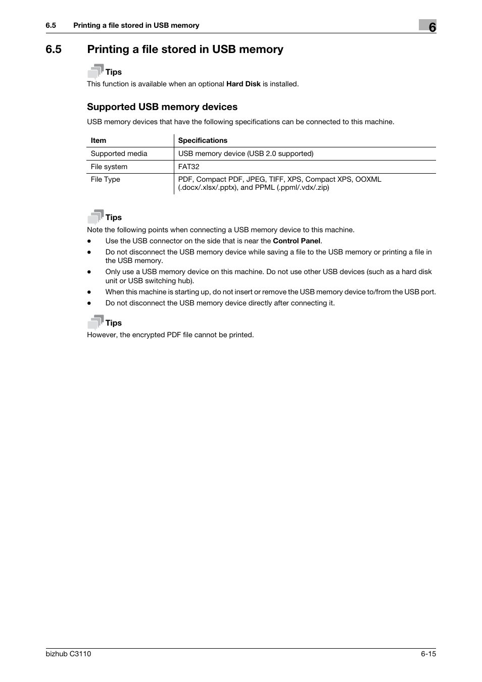 5 printing a file stored in usb memory, Supported usb memory devices | Konica Minolta bizhub C3110 User Manual | Page 75 / 82