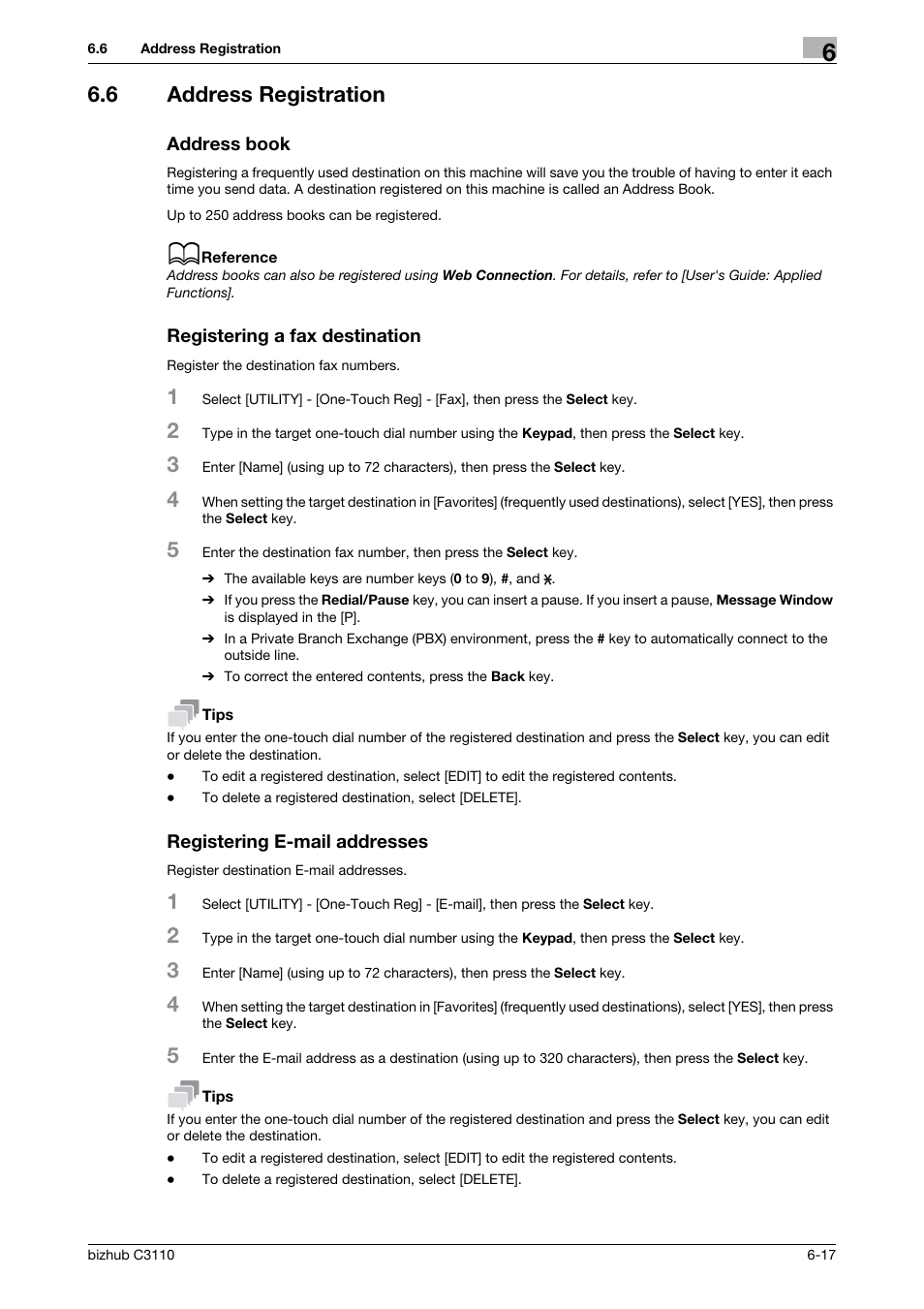 6 address registration, Address book, Registering a fax destination | Registering e-mail addresses | Konica Minolta bizhub C3110 User Manual | Page 77 / 82