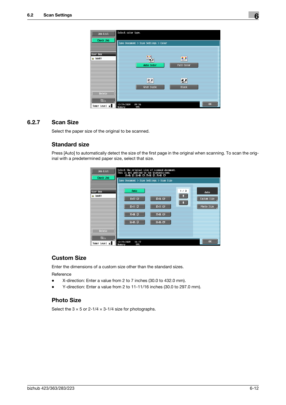 7 scan size, Standard size, Custom size | Photo size, Can size] (p. 6-12), Scan size] (p. 6-12) | Konica Minolta BIZHUB 223 User Manual | Page 101 / 302