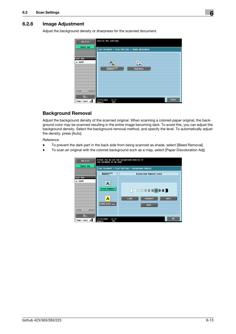 8 image adjustment, Background removal, Image adjustment -13 background removal -13 | Removal] (p. 6-13), L] (p. 6-13) | Konica Minolta BIZHUB 223 User Manual | Page 102 / 302