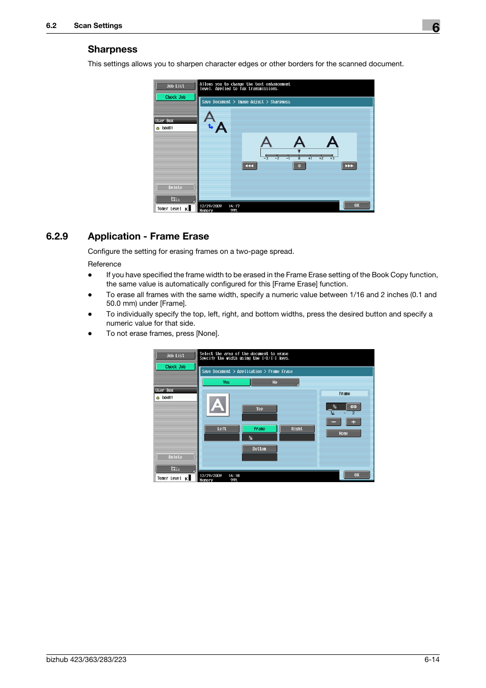 Sharpness, 9 application - frame erase, Sharpness -14 | Application - frame erase -14, Ss] (p. 6-14), P. 6-14), P. 6-14 | Konica Minolta BIZHUB 223 User Manual | Page 103 / 302