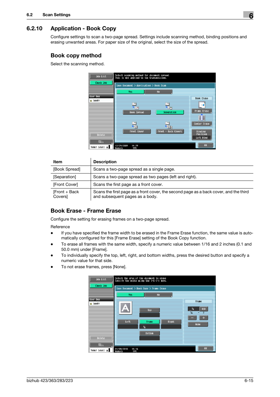 10 application - book copy, Book copy method, Book erase - frame erase | P. 6-15), P. 6-15 | Konica Minolta BIZHUB 223 User Manual | Page 104 / 302