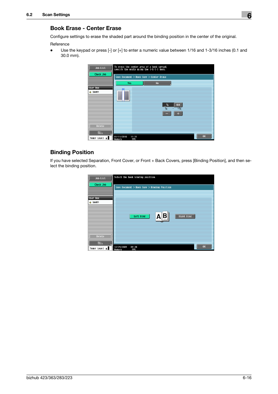 Book erase - center erase, Binding position, Book erase - center erase -16 binding position -16 | Konica Minolta BIZHUB 223 User Manual | Page 105 / 302