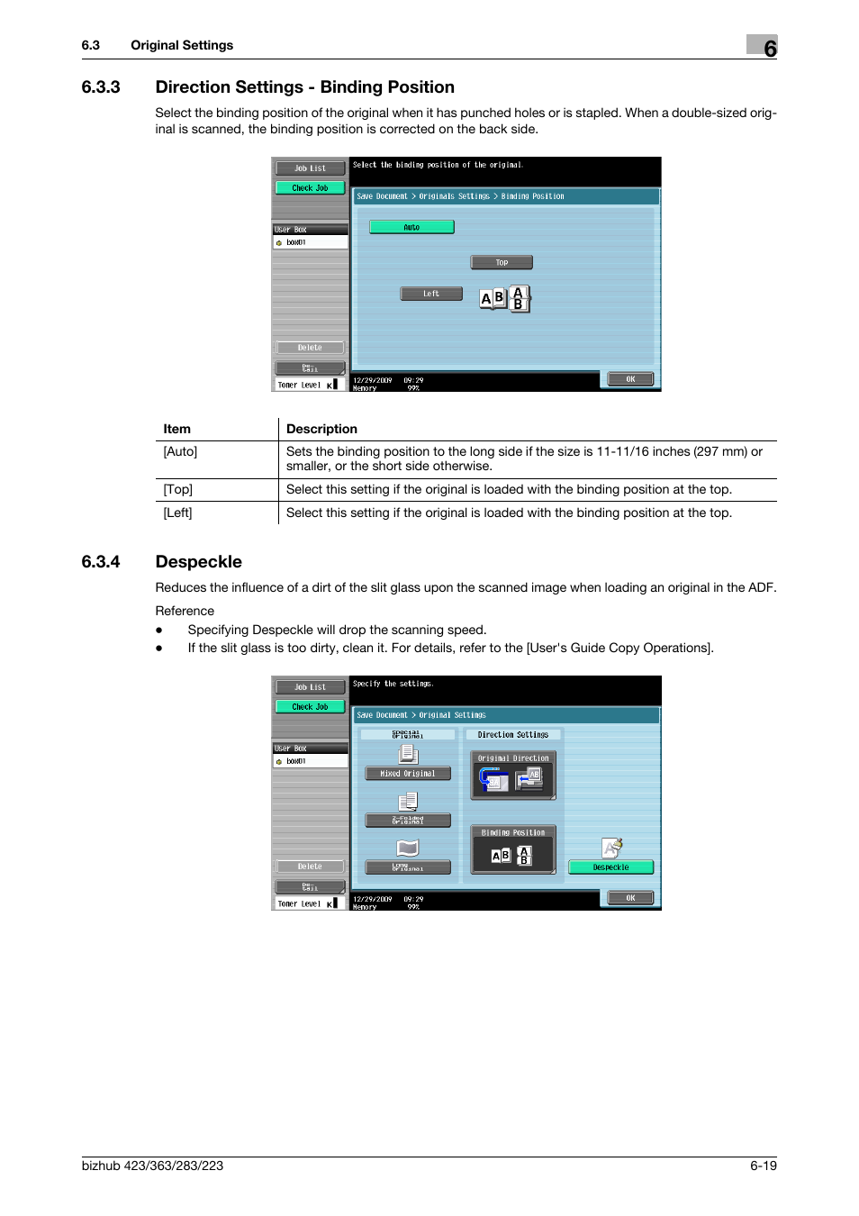 3 direction settings - binding position, 4 despeckle, Direction settings - binding position -19 | Despeckle -19, P. 6-19), Especkle] (p. 6-19), P. 6-19, Despeckle] (p. 6-19) | Konica Minolta BIZHUB 223 User Manual | Page 108 / 302