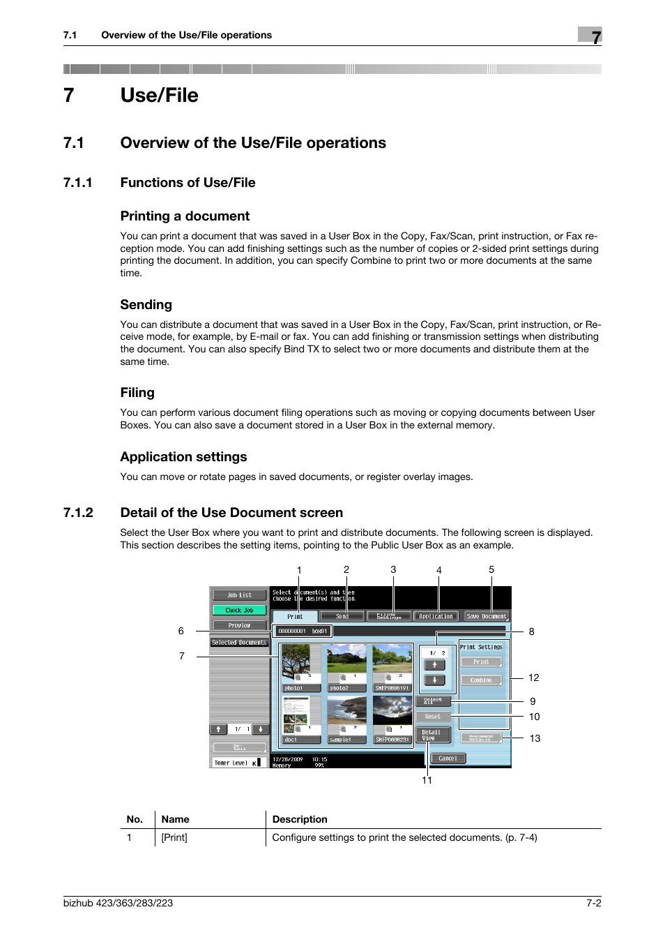 7 use/file, 1 overview of the use/file operations, 1 functions of use/file | Printing a document, Sending, Filing, Application settings, 2 detail of the use document screen, Use/file, Overview of the use/file operations -2 | Konica Minolta BIZHUB 223 User Manual | Page 110 / 302