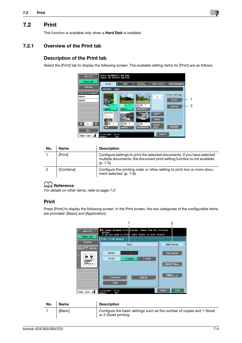 2 print, 1 overview of the print tab, Description of the print tab | Print, Print -4, Print] (p. 7-4) | Konica Minolta BIZHUB 223 User Manual | Page 112 / 302