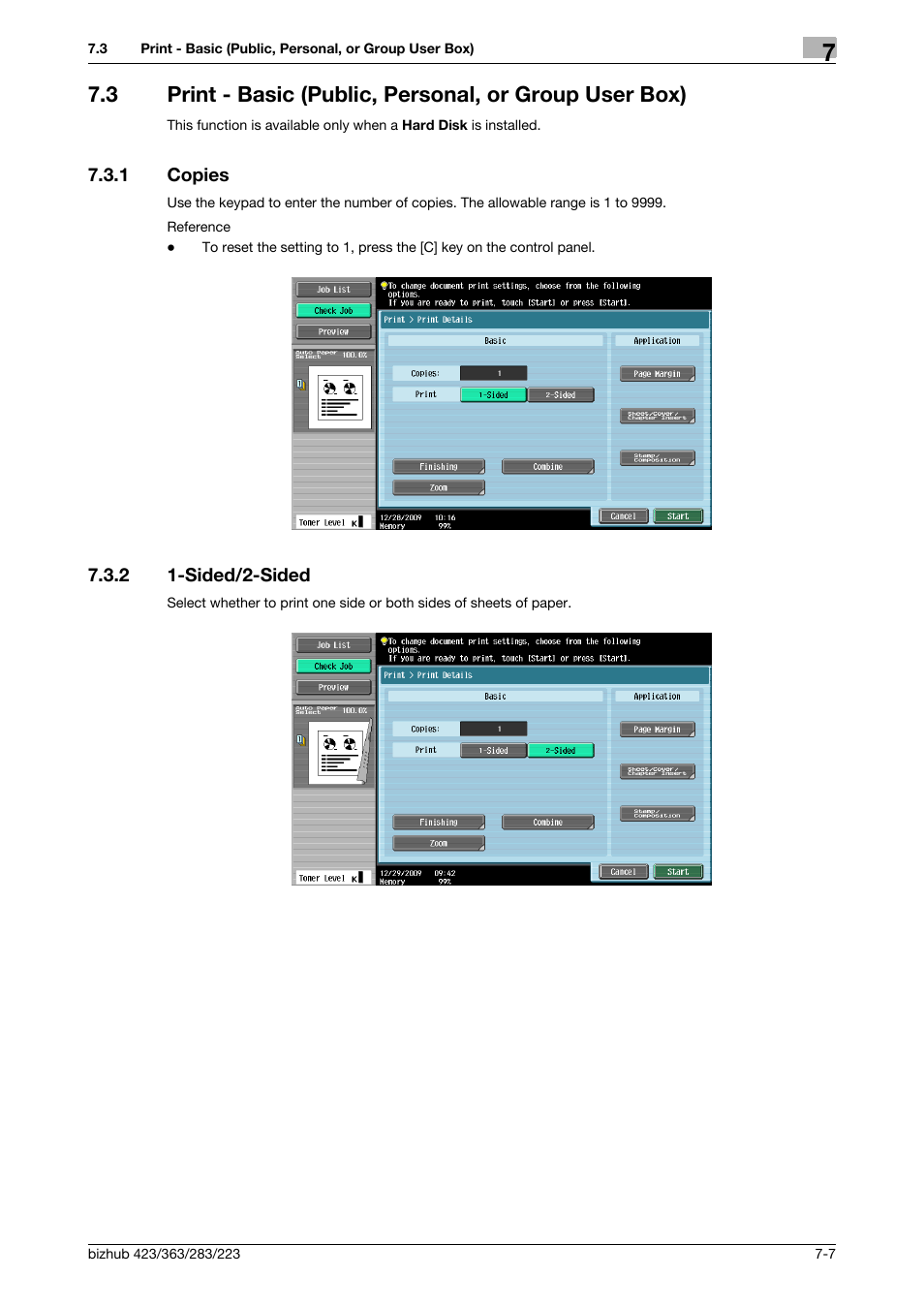 1 copies, 2 1-sided/2-sided, Copies -7 | Sided/2-sided -7, P. 7-7, P. 7-7), Rint] (p. 7-7) | Konica Minolta BIZHUB 223 User Manual | Page 115 / 302