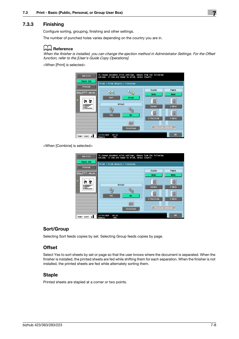 3 finishing, Sort/group, Offset | Staple, Finishing -8 sort/group -8 offset -8 staple -8, Inishing] (p. 7-8), Sort] (p. 7-8), P. 7-8), Offset] (p. 7-8), Finishing] (p. 7-8) | Konica Minolta BIZHUB 223 User Manual | Page 116 / 302