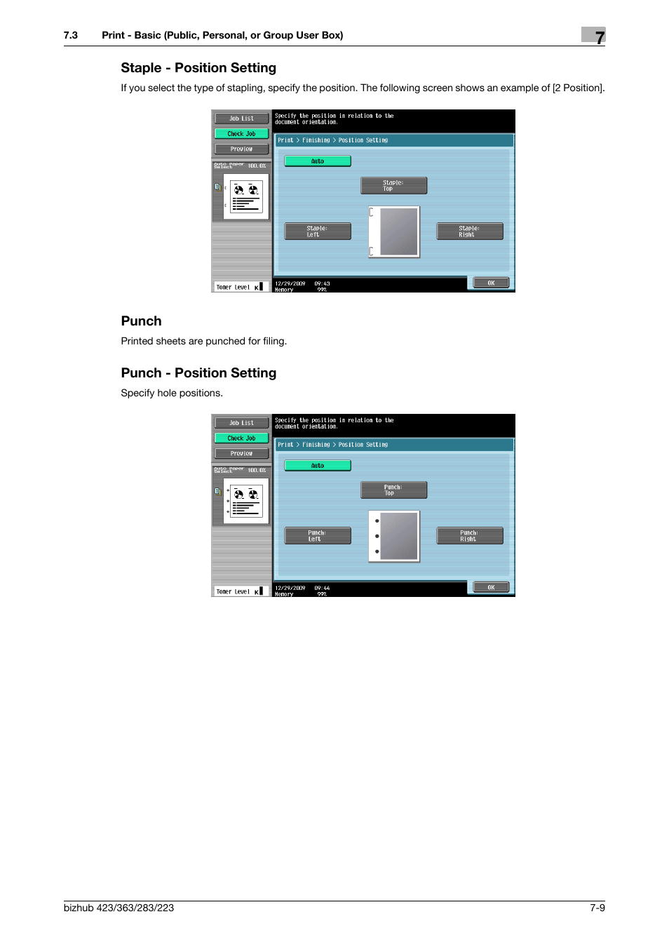 Staple - position setting, Punch, Punch - position setting | P. 7-9) | Konica Minolta BIZHUB 223 User Manual | Page 117 / 302