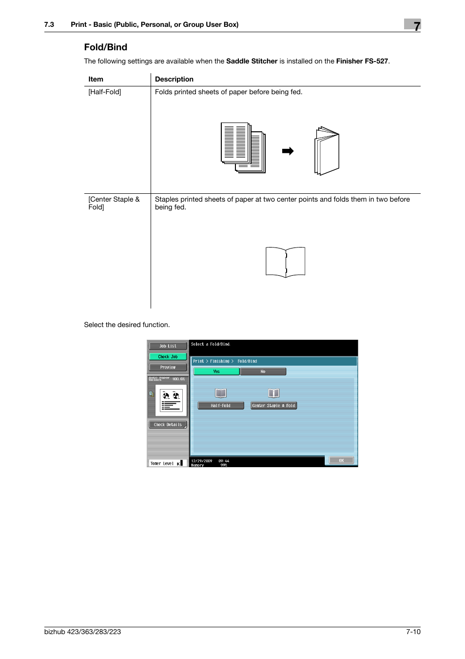 Fold/bind, Fold/bind -10, P. 7-10) | P. 7-10 | Konica Minolta BIZHUB 223 User Manual | Page 118 / 302