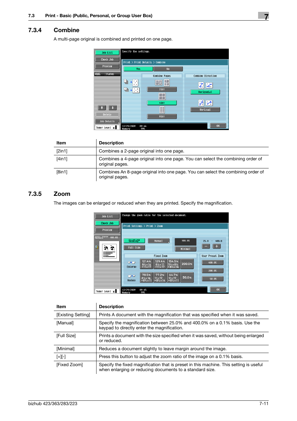 4 combine, 5 zoom, Combine -11 | Zoom -11, P. 7-11), Zoom] (p. 7-11) | Konica Minolta BIZHUB 223 User Manual | Page 119 / 302
