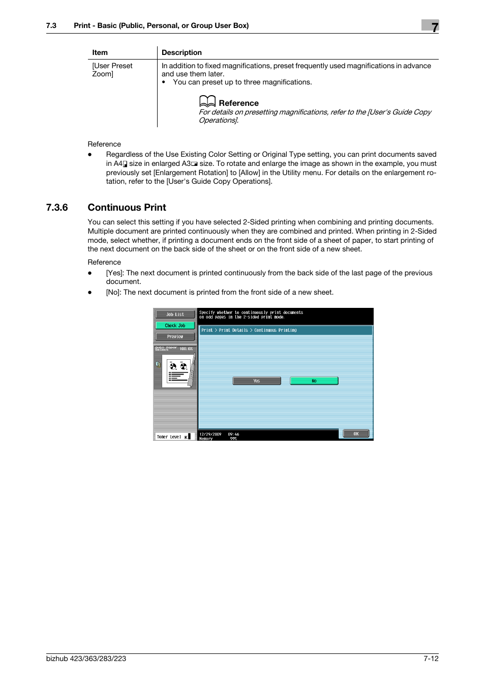 6 continuous print, Continuous print -12, Ontinuous print] (p. 7-12) | Konica Minolta BIZHUB 223 User Manual | Page 120 / 302