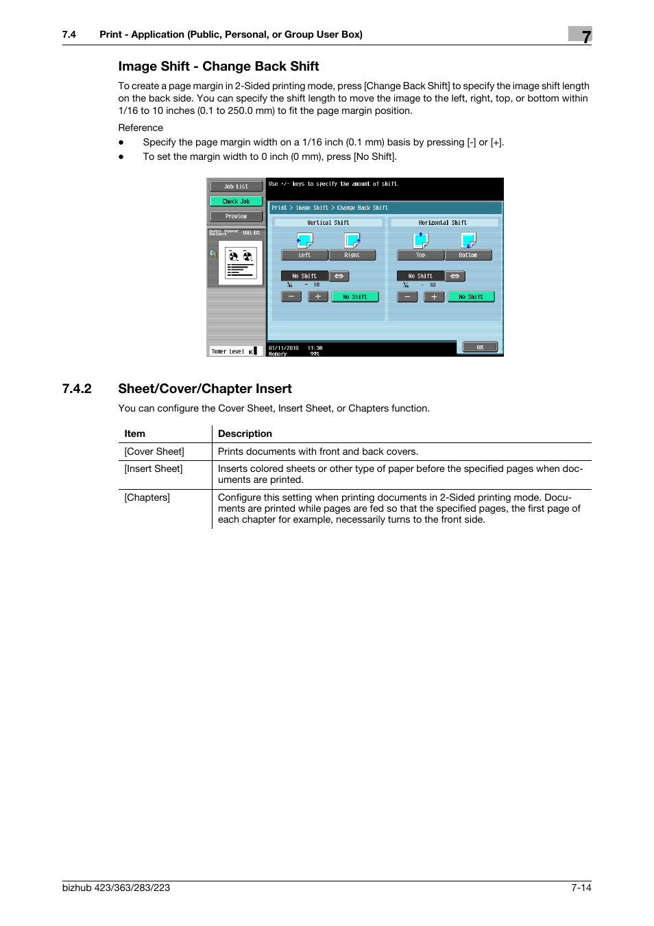 Image shift - change back shift, 2 sheet/cover/chapter insert, Image shift - change back shift -14 | Sheet/cover/chapter insert -14, P. 7-14) | Konica Minolta BIZHUB 223 User Manual | Page 122 / 302