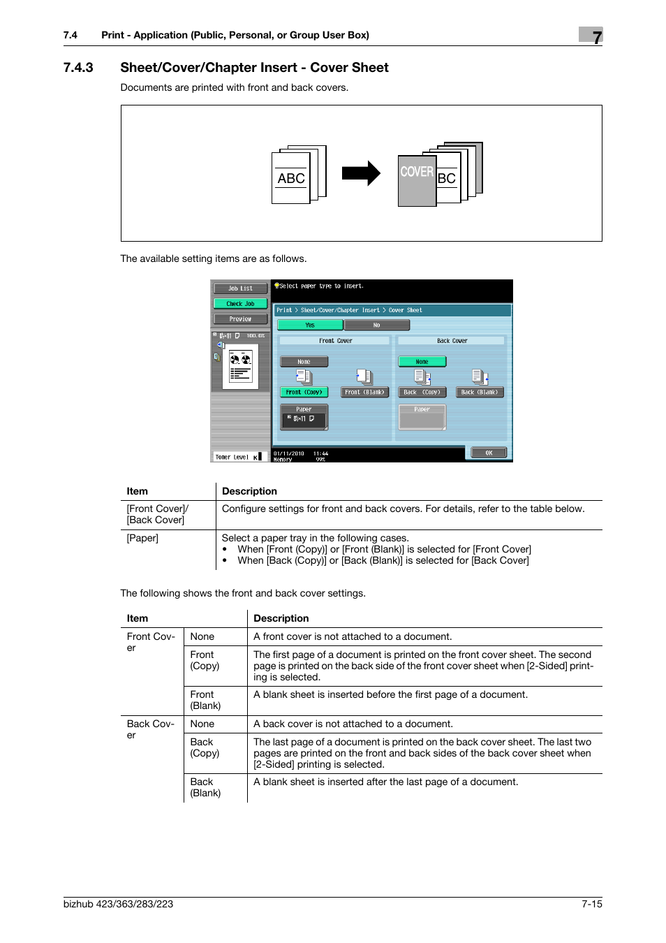 3 sheet/cover/chapter insert - cover sheet, Sheet/cover/chapter insert - cover sheet -15, P. 7-15) | P. 7-15, Abc cover | Konica Minolta BIZHUB 223 User Manual | Page 123 / 302