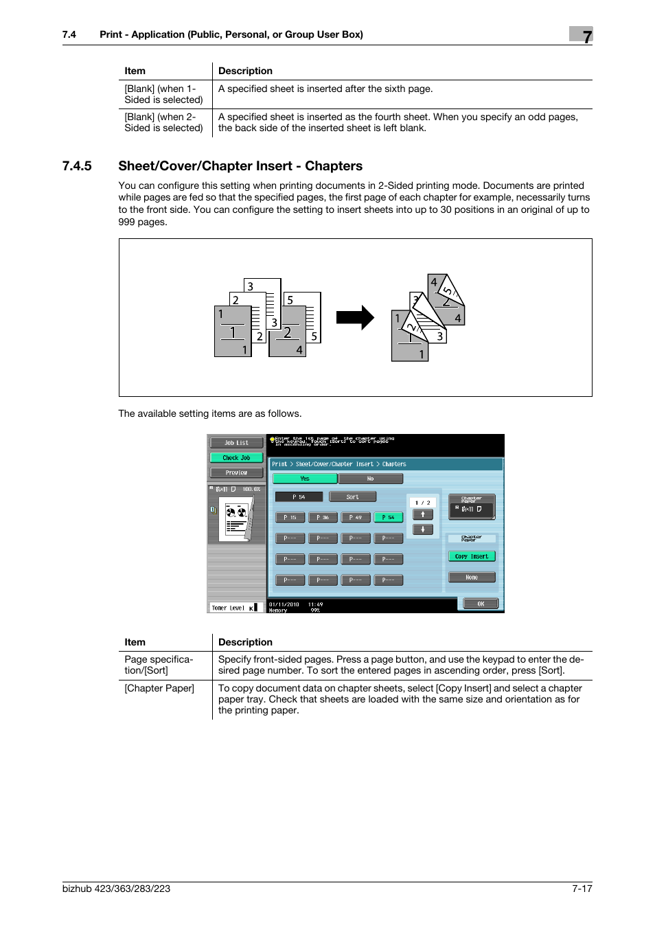 5 sheet/cover/chapter insert - chapters, Sheet/cover/chapter insert - chapters -17, P. 7-17) | P. 7-17 | Konica Minolta BIZHUB 223 User Manual | Page 125 / 302