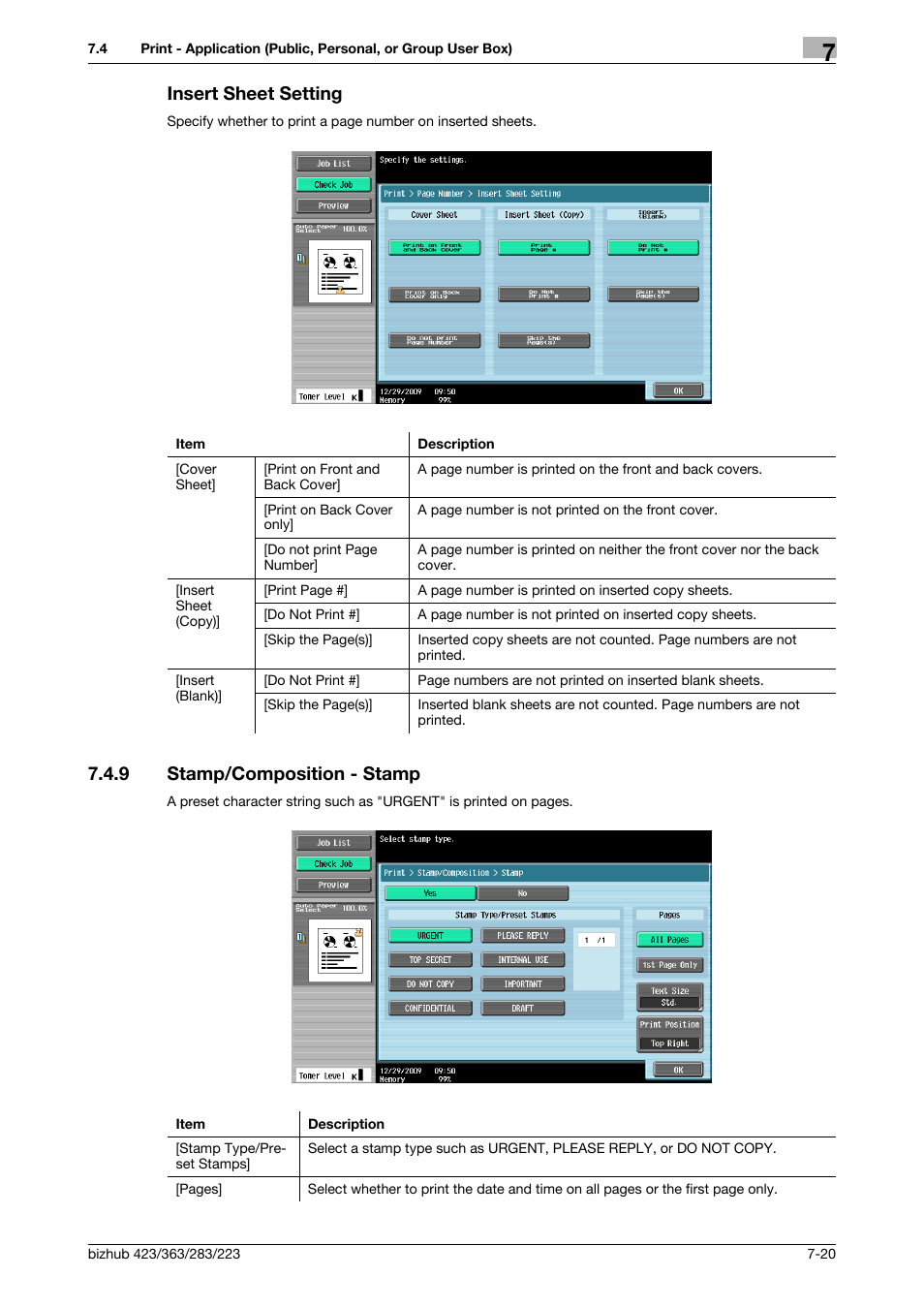 Insert sheet setting, 9 stamp/composition - stamp, Insert sheet setting -20 | Stamp/composition - stamp -20, Ting] (p. 7-20, P. 7-20) | Konica Minolta BIZHUB 223 User Manual | Page 128 / 302