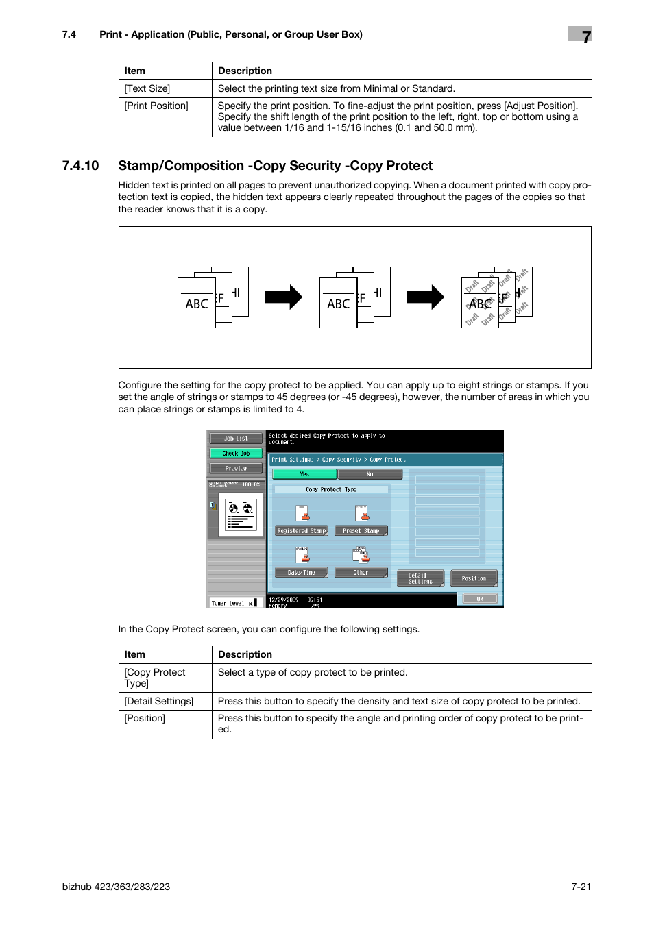 10 stamp/composition -copy security -copy protect, Stamp/composition -copy security -copy protect -21, P. 7-21) | P. 7-21 | Konica Minolta BIZHUB 223 User Manual | Page 129 / 302