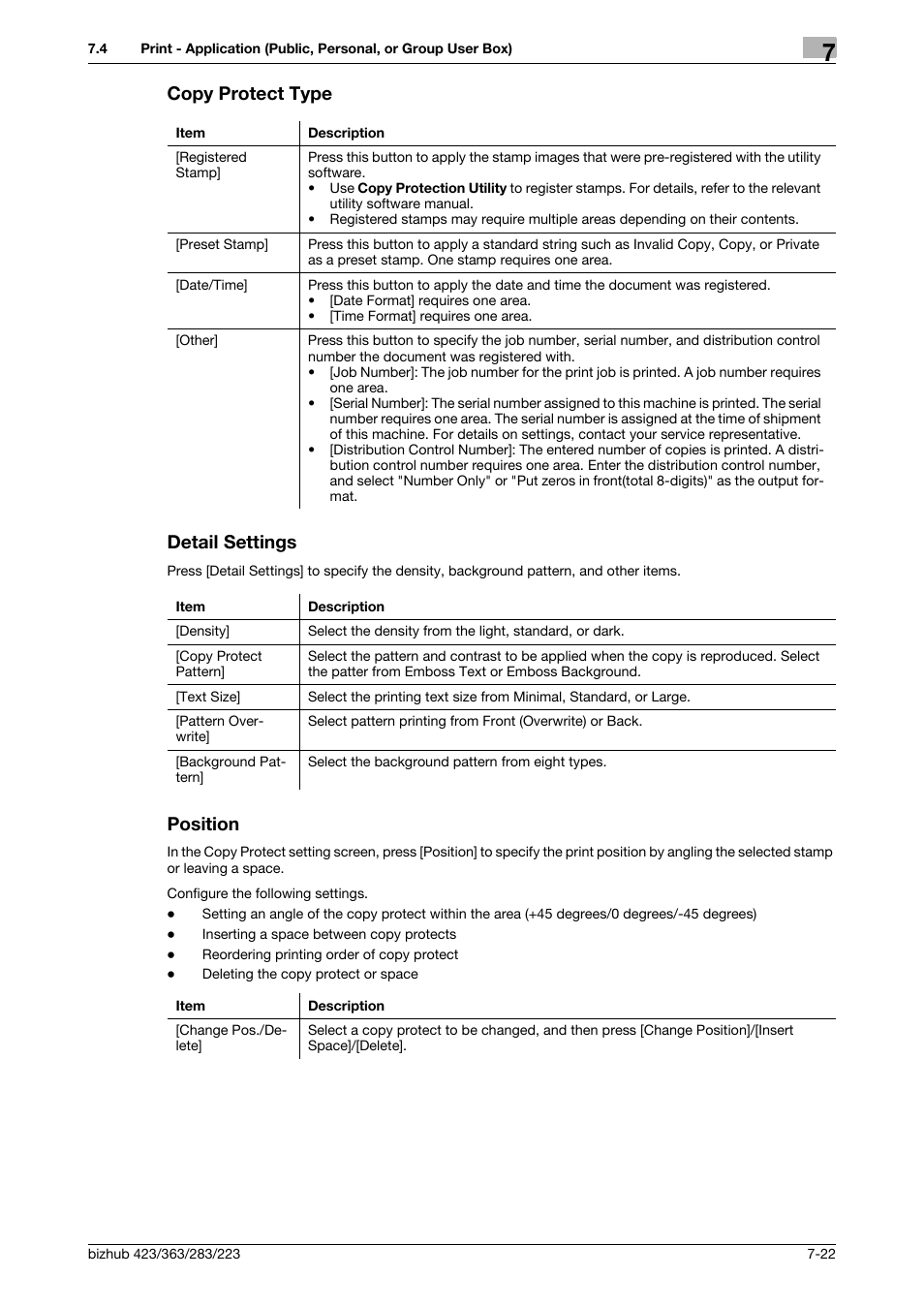 Copy protect type, Detail settings, Position | P. 7-22, Copy protect type detail settings | Konica Minolta BIZHUB 223 User Manual | Page 130 / 302