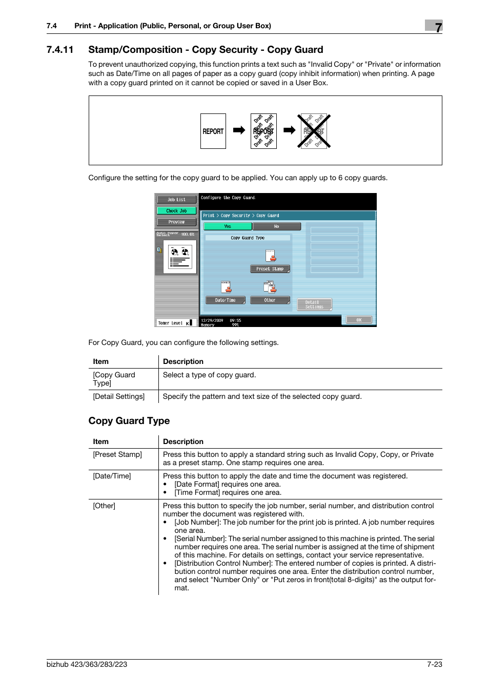 11 stamp/composition - copy security - copy guard, Copy guard type, P. 7-23 | Konica Minolta BIZHUB 223 User Manual | Page 131 / 302