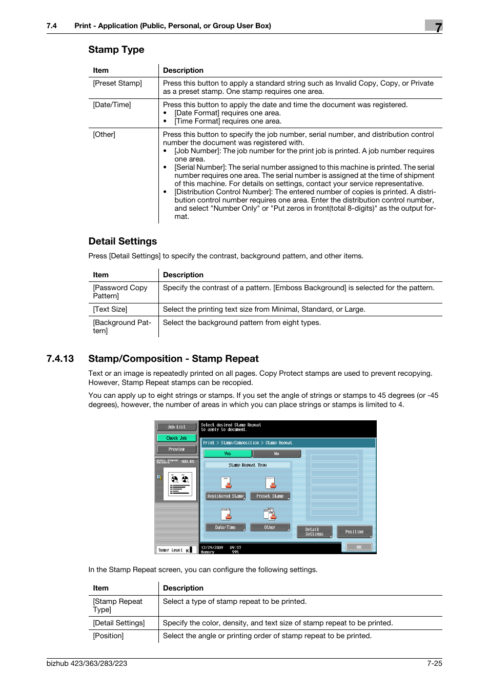 Stamp type, Detail settings, 13 stamp/composition - stamp repeat | Stamp type -25 detail settings -25, Stamp/composition - stamp repeat -25, P. 7-25), P. 7-25, Stamp type detail settings | Konica Minolta BIZHUB 223 User Manual | Page 133 / 302