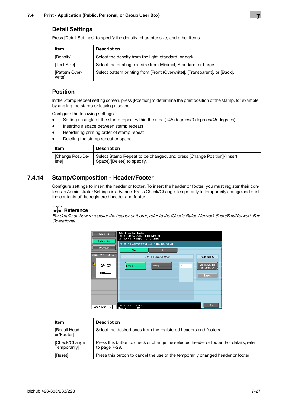 Detail settings, Position, 14 stamp/composition - header/footer | Detail settings -27 position -27, Stamp/composition - header/footer -27, P. 7-27, Ion] (p. 7-27), P. 7-27) | Konica Minolta BIZHUB 223 User Manual | Page 135 / 302