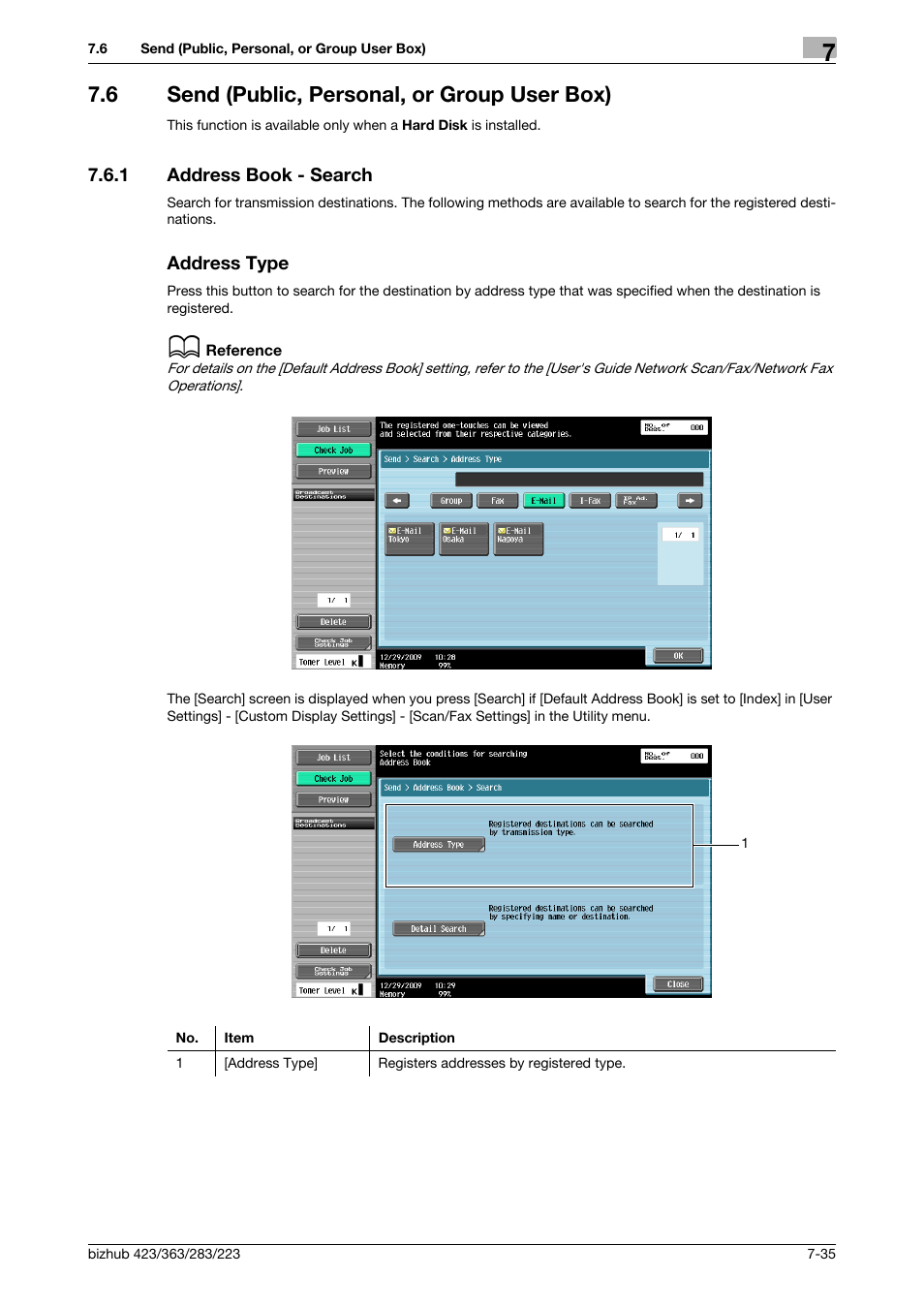 6 send (public, personal, or group user box), 1 address book - search, Address type | Send (public, personal, or group user box) -35, Address book - search -35 address type -35, Search] (p. 7-35), P. 7-35), Ions. (p. 7-35) | Konica Minolta BIZHUB 223 User Manual | Page 143 / 302