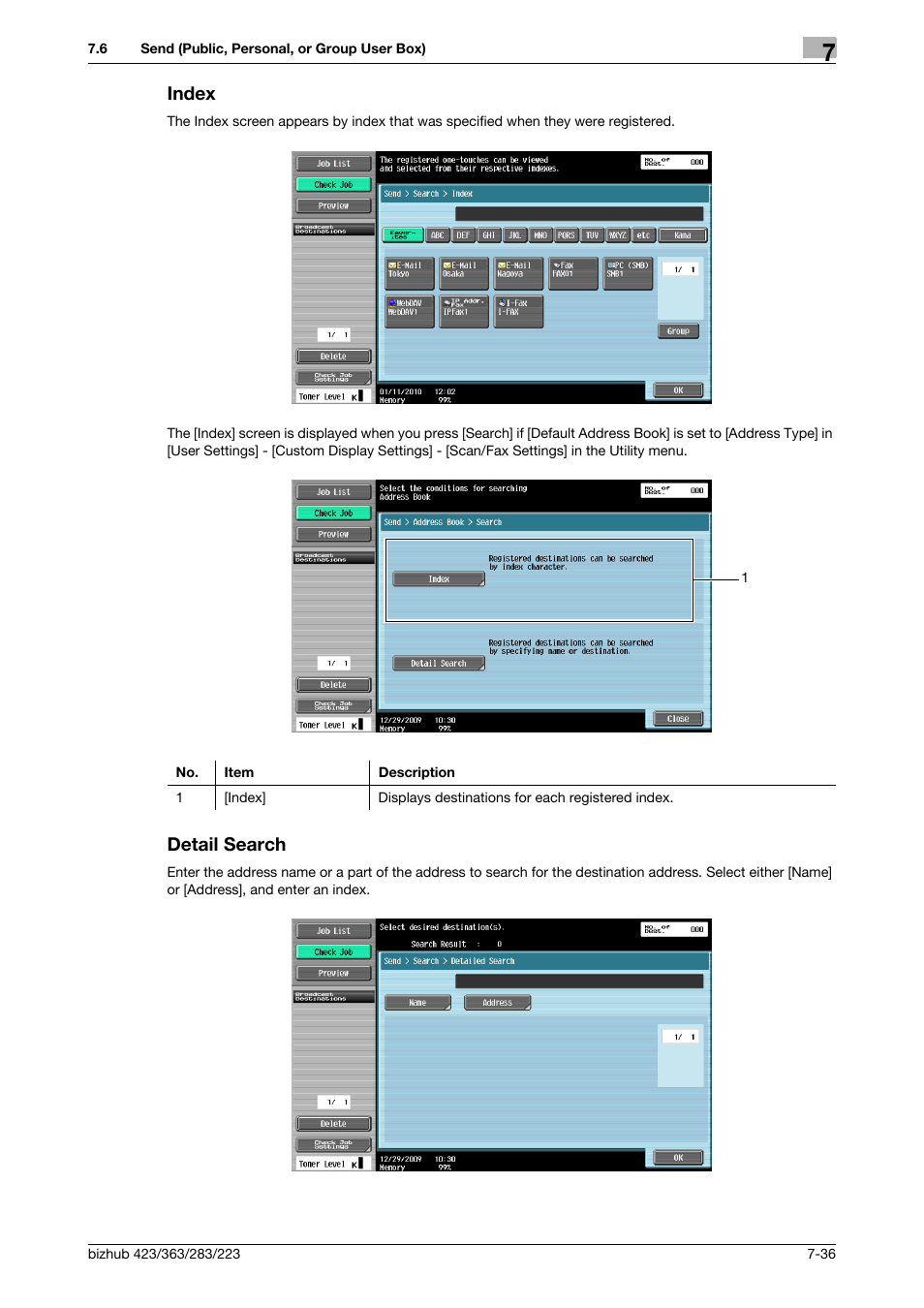 Index, Detail search, Index -36 detail search -36 | Konica Minolta BIZHUB 223 User Manual | Page 144 / 302