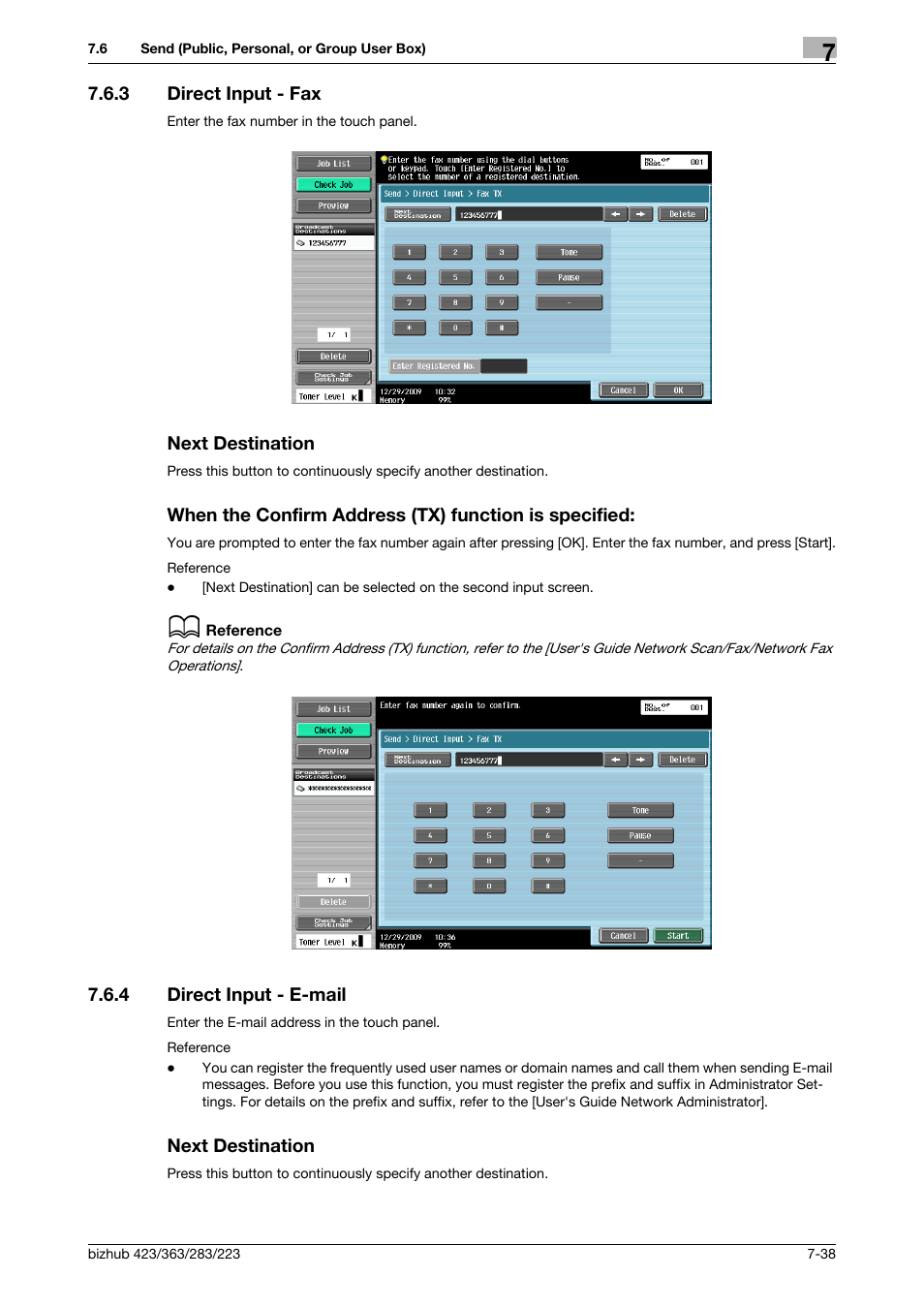 3 direct input - fax, Next destination, 4 direct input - e-mail | Direct input - e-mail -38 next destination -38, P. 7-38), Ail] (p. 7-38) | Konica Minolta BIZHUB 223 User Manual | Page 146 / 302