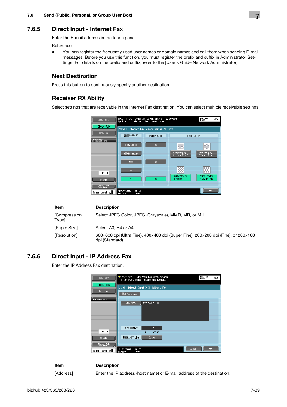 5 direct input - internet fax, Next destination, Receiver rx ability | 6 direct input - ip address fax, Direct input - ip address fax -39, P. 7-39), Nation)] (p. 7-39) | Konica Minolta BIZHUB 223 User Manual | Page 147 / 302