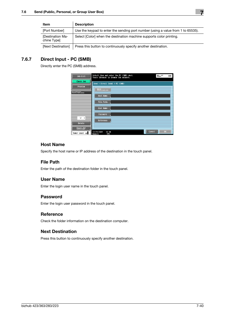 7 direct input - pc (smb), Host name, File path | User name, Password, Reference, Next destination, P. 7-40), P. 7-40 | Konica Minolta BIZHUB 223 User Manual | Page 148 / 302