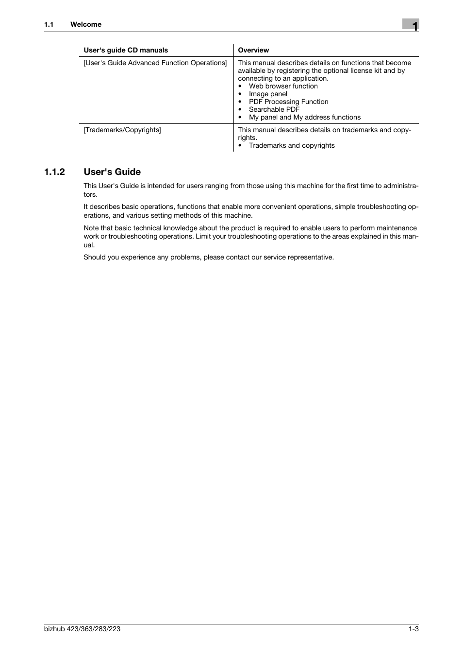 2 user's guide, User's guide -3 | Konica Minolta BIZHUB 223 User Manual | Page 15 / 302