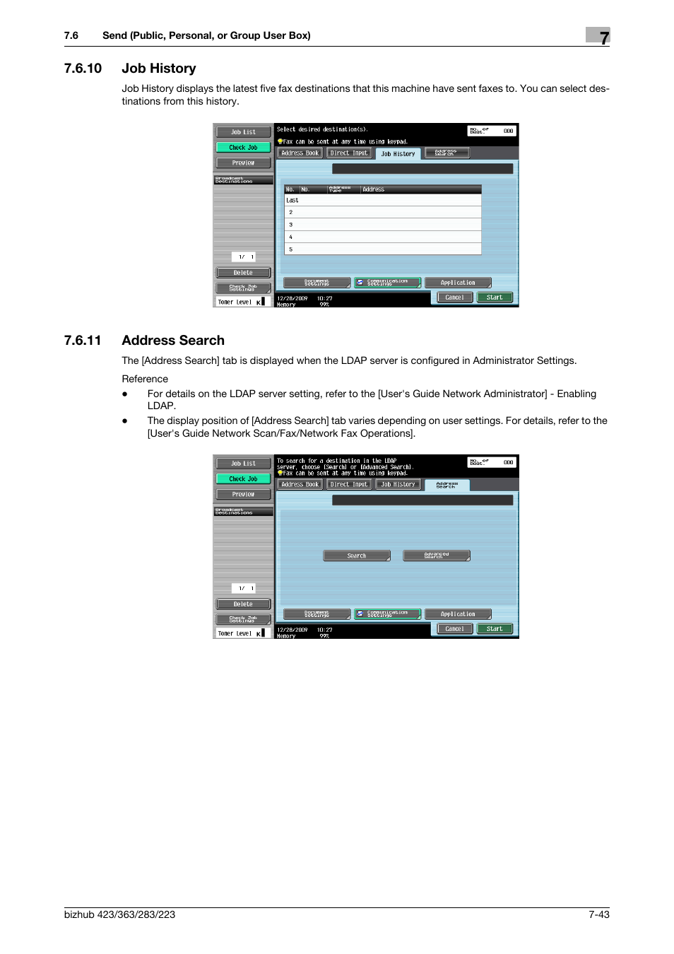 10 job history, 11 address search, Job history -43 | Address search -43, P. 7-43) | Konica Minolta BIZHUB 223 User Manual | Page 151 / 302