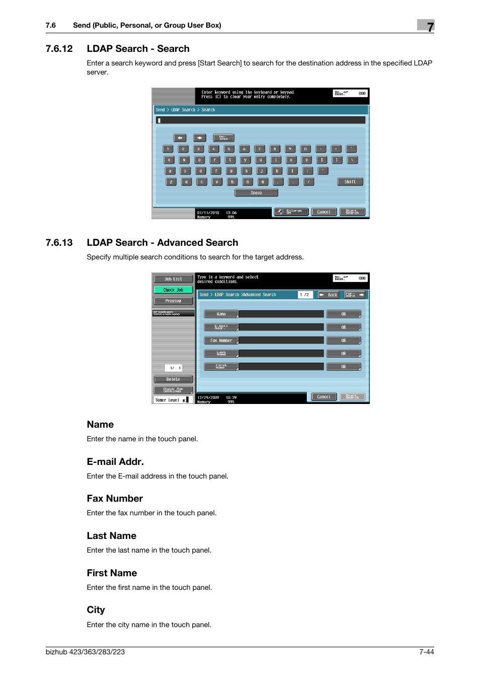 12 ldap search - search, 13 ldap search - advanced search, Name | E-mail addr, Fax number, Last name, First name, City, Ldap search - search -44, Search] (p. 7-44) | Konica Minolta BIZHUB 223 User Manual | Page 152 / 302