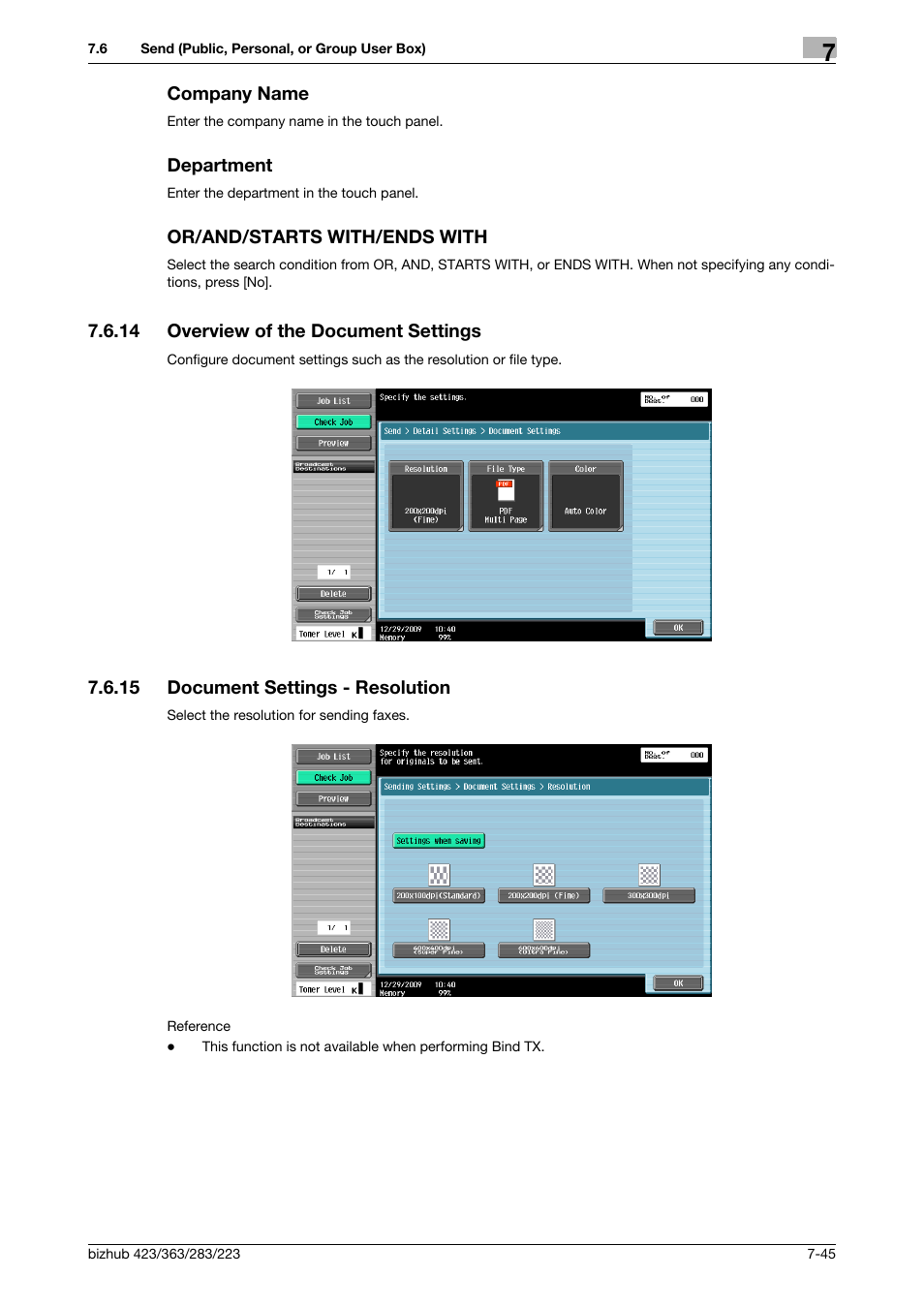 Company name, Department, Or/and/starts with/ends with | 14 overview of the document settings, 15 document settings - resolution, Overview of the document settings -45, Document settings - resolution -45, Ion] (p. 7-45, P. 7-45, S. (p. 7-45) | Konica Minolta BIZHUB 223 User Manual | Page 153 / 302