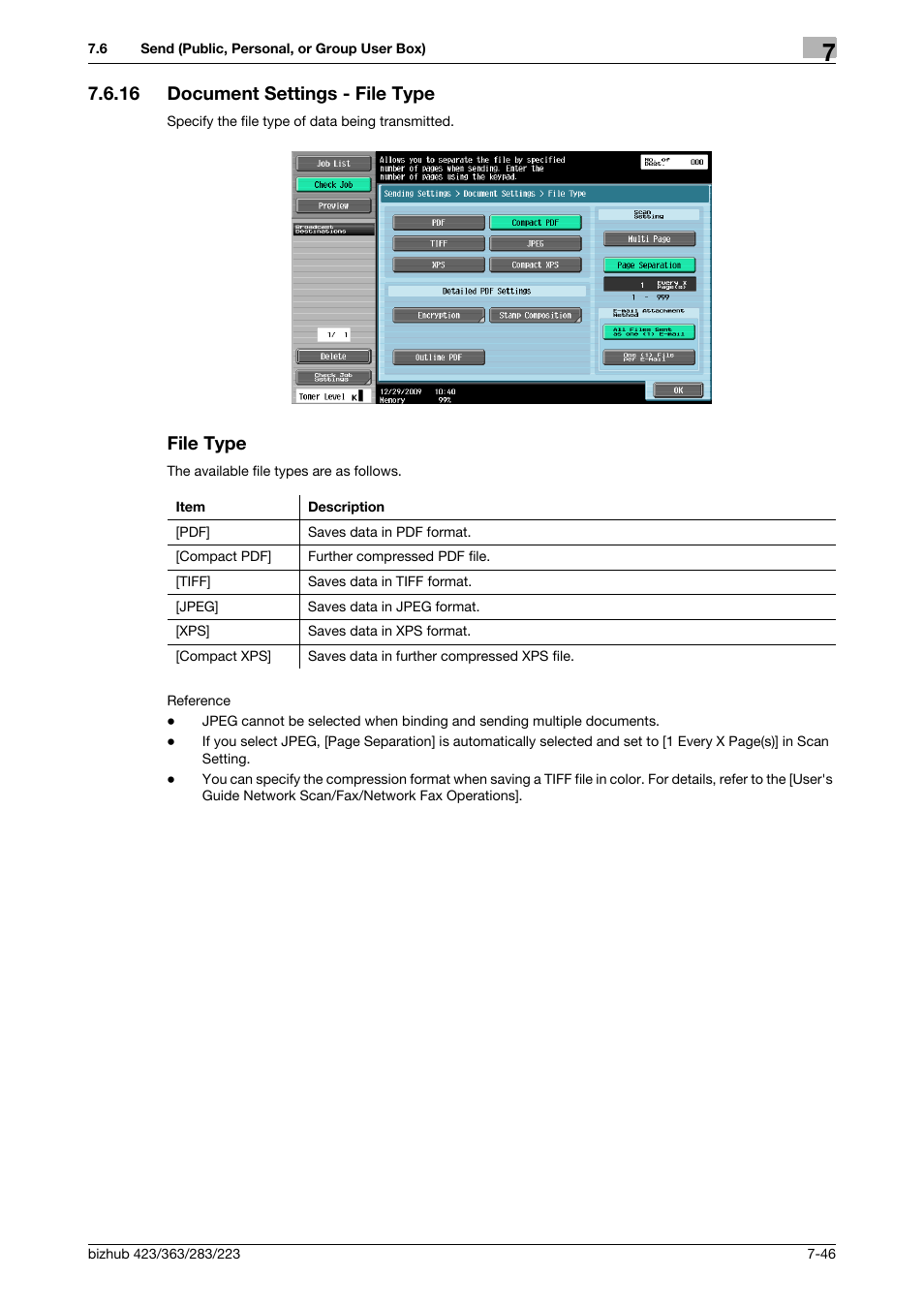 16 document settings - file type, File type, Document settings - file type -46 file type -46 | P. 7-46), P. 7-46 | Konica Minolta BIZHUB 223 User Manual | Page 154 / 302