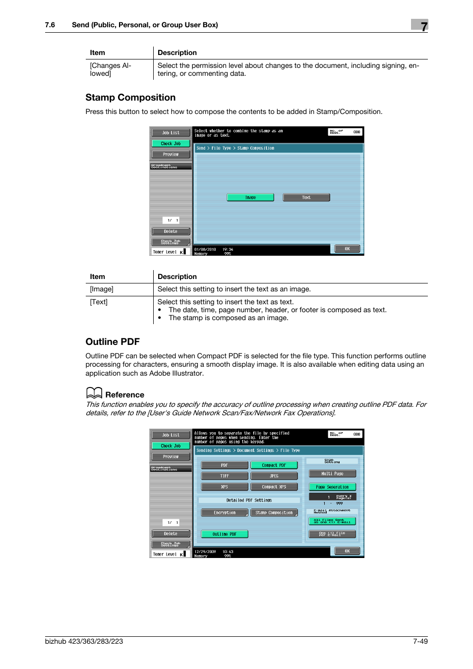 Stamp composition, Outline pdf, Stamp composition -49 outline pdf -49 | Tion] (p. 7-49, P. 7-49 | Konica Minolta BIZHUB 223 User Manual | Page 157 / 302