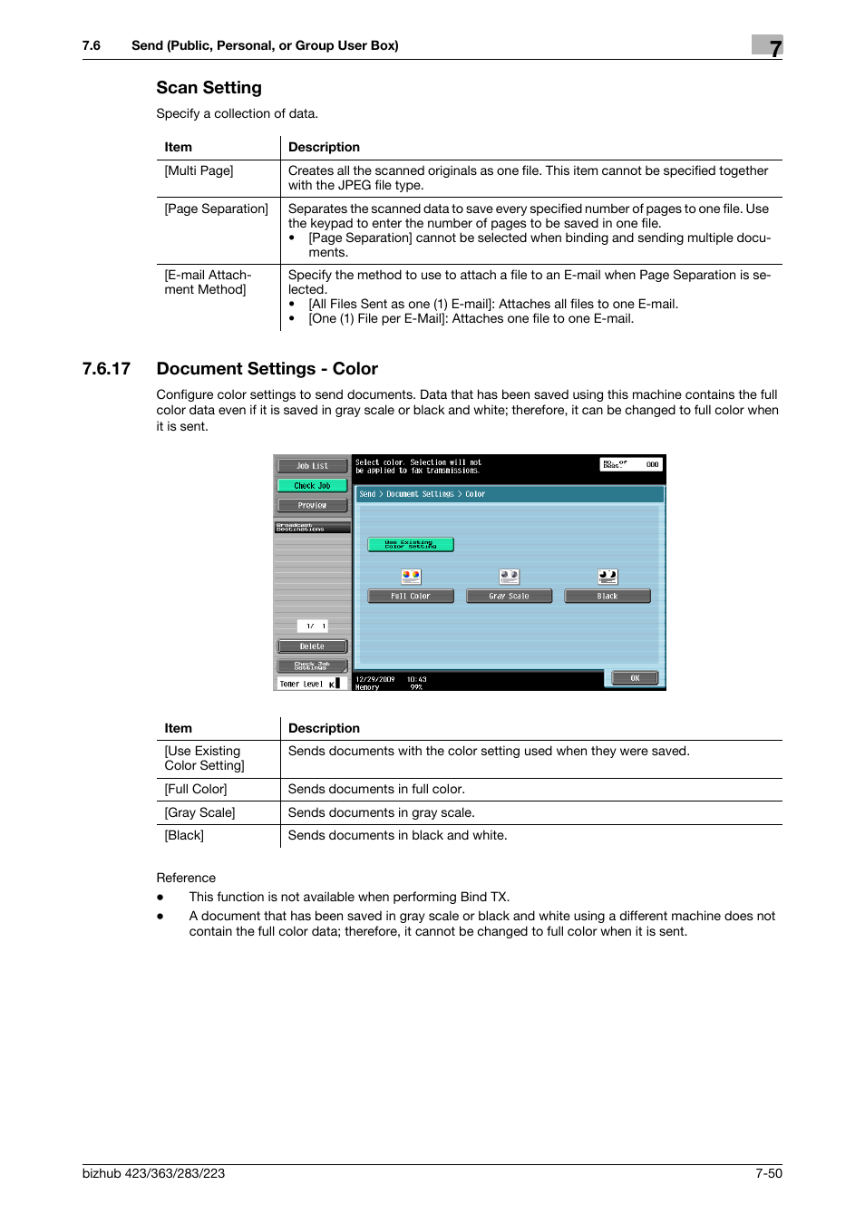 Scan setting, 17 document settings - color, Scan setting -50 | Document settings - color -50, P. 7-50, Color] (p. 7-50), Or] (p. 7-50) | Konica Minolta BIZHUB 223 User Manual | Page 158 / 302