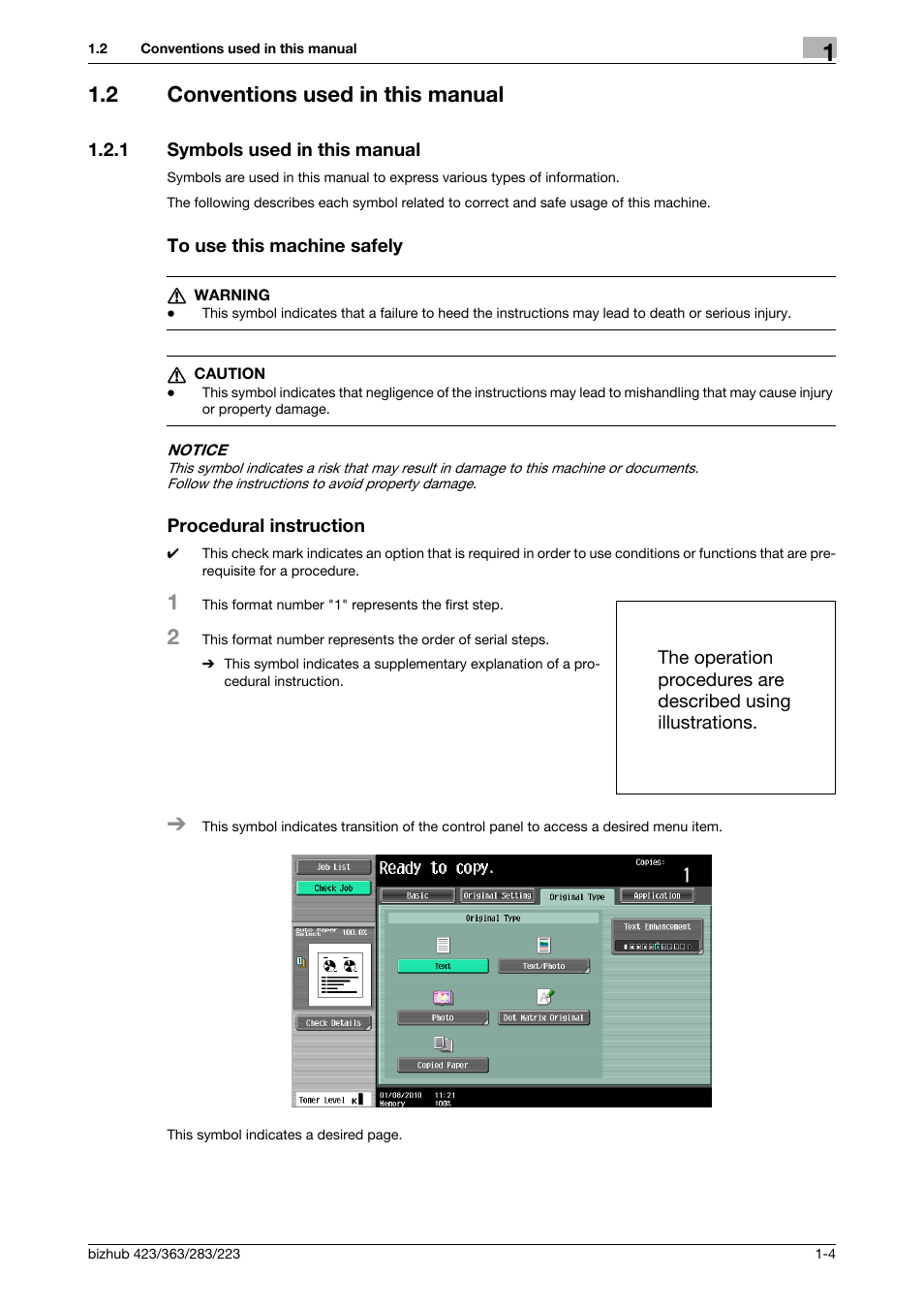 2 conventions used in this manual, 1 symbols used in this manual, To use this machine safely | Procedural instruction, Conventions used in this manual -4 | Konica Minolta BIZHUB 223 User Manual | Page 16 / 302