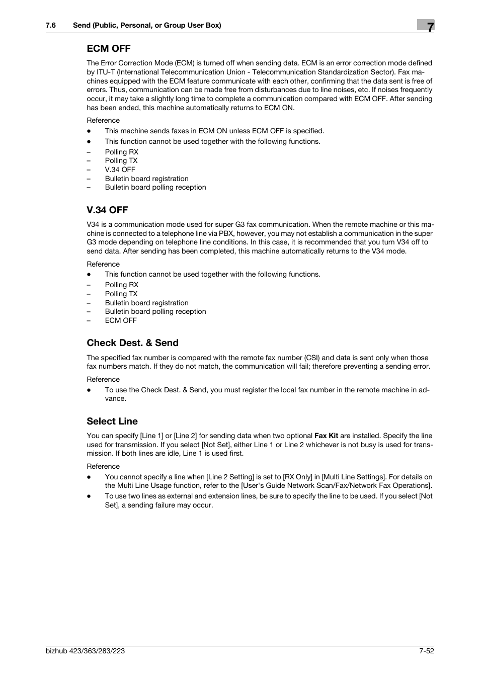 Ecm off, V.34 off, Check dest. & send | Select line, P. 7-52, Send] (p. 7-52) | Konica Minolta BIZHUB 223 User Manual | Page 160 / 302