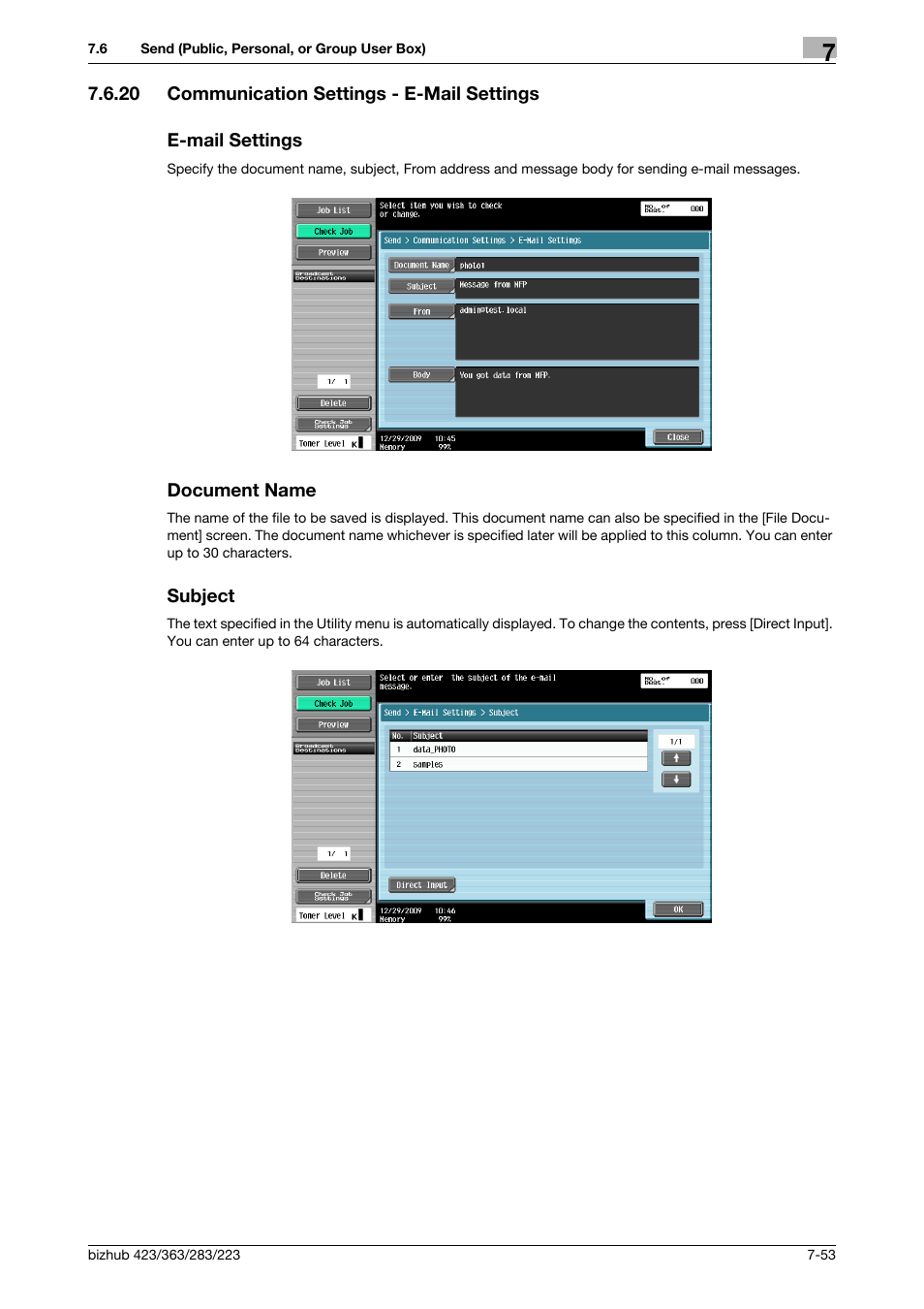 20 communication settings - e-mail settings, E-mail settings, Document name | Subject, P. 7-53), P. 7-53, Ubject] (p. 7-53) | Konica Minolta BIZHUB 223 User Manual | Page 161 / 302